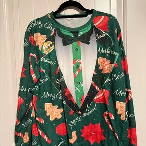 Christmas Novelty Tuxedo Print Long Sleeve Top - Green & Red